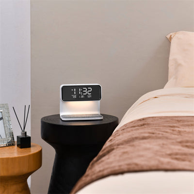 3 In 1 Bedside Lamp / LCD Screen Alarm Clock  Wireless Phone Charger - Home and Galaxy