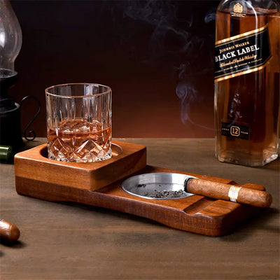 Cigar Ashtray Solid Wood Luxury Cigar Accessories Ash Tray with Whisky Glass Holder Home Decoration Cool Gadget For Men - Home and Galaxy