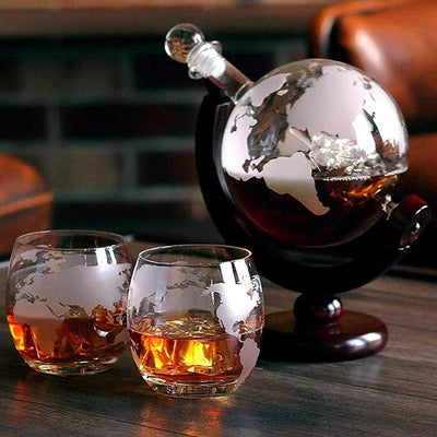 Creative Globe Decanter Set with Lead-free Carafe Exquisite Wood-stand and 2 Whisky Glasses Whiskey Decanter Globe Grade Gift - Home and Galaxy