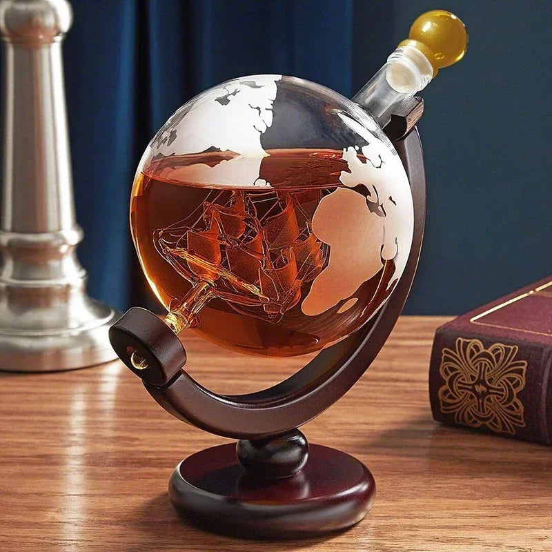 Creative Globe Decanter Set with Lead-free Carafe Exquisite Wood-stand and 2 Whisky Glasses Whiskey Decanter Globe Grade Gift - Home and Galaxy