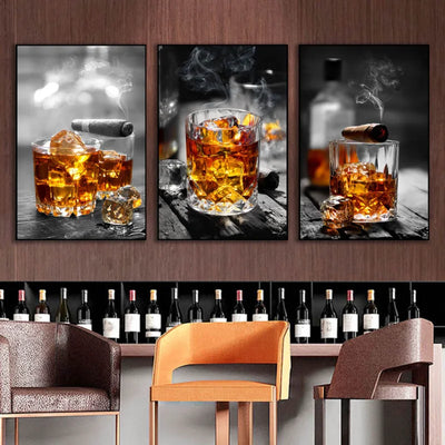 Fashion Bar Restaurant Wall Art Wine Glass Canvas Painting Whisky Bottle Cigar Aesthetic Poster for Living Room Home Decor - Home and Galaxy